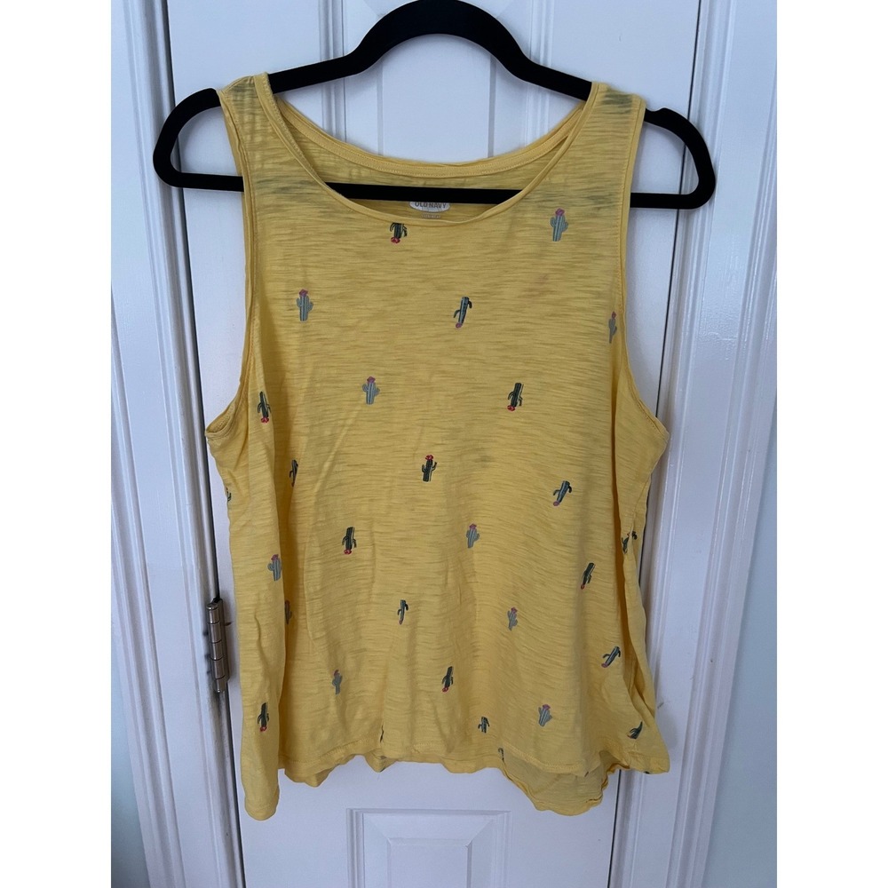 Old Navy EveryWear Yellow Cactus Print Slub Knit Tank Top Women Large RN 54023